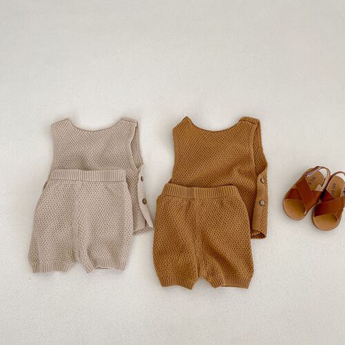  summer ins baby knitted sweater thin vest buttoned top + shorts 2-piece suit for male and female babies