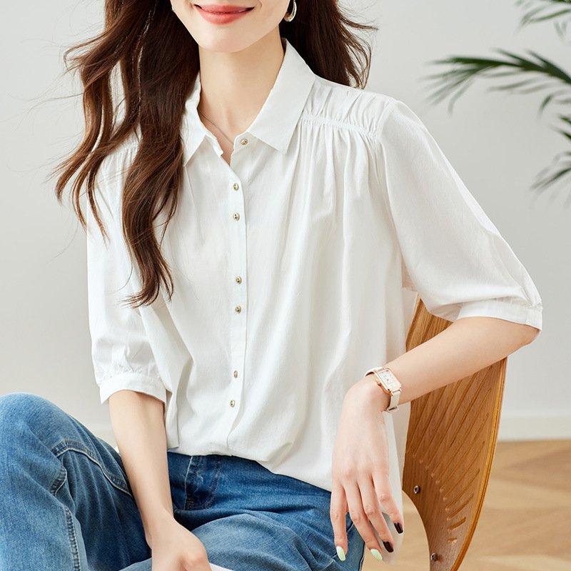 Factory Direct Lapel Single-breasted Elegant Ladies Shirt Summer New Shoulder Pleated Design Niche Top
