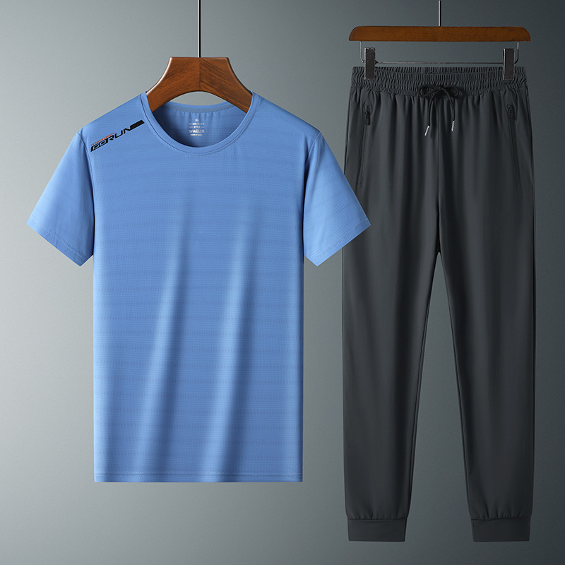 Moda pantalones de seda de hielo cuello redondo Camiseta de dos piezas para hombres talla grande suelta de secado rápido traje deportivo LOGO se puede formular