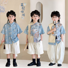 子供新中国式唐装馬甲2025春夏新作男女子供半袖花シャツ赤ちゃん国風花馬服