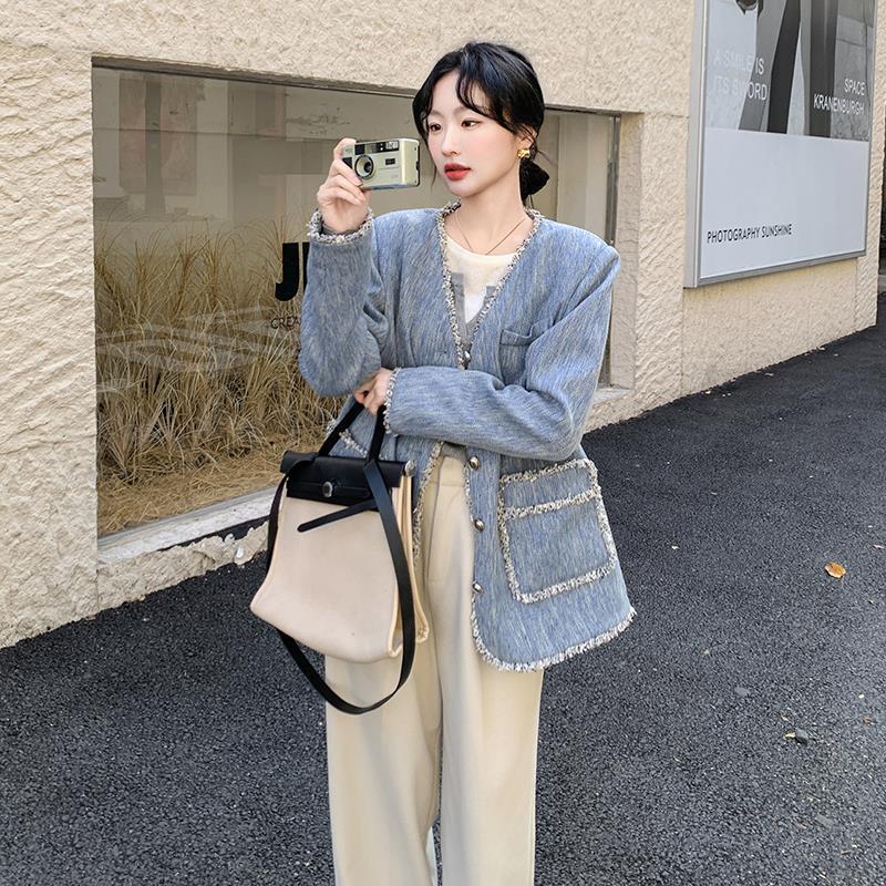 新款小香风西装外套女春秋季2025气质洋气蓝色时尚感短款上衣|undefined