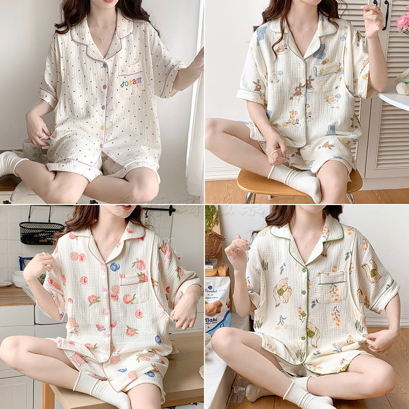 Pure cotton gauze maternal lactation pajamas summer thin breathable monthly short sleeve postpartum lactation suit July 8