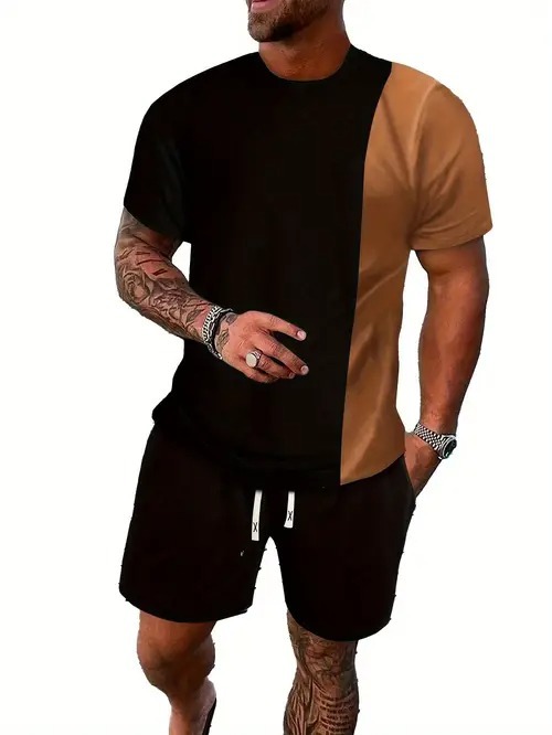 Comercio exterior europeo y americano Amazon 2025 nuevo estilo casual a juego de color manga corta cuello redondo camiseta pantalones cortos traje ME5 MA04