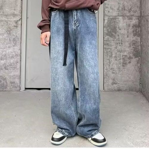 Pure Color Retro Men's Loose Belt Straight Leg Pants Japanese Wide Leg Pants Streetwear Brand High Street Daddy Pants Dropshipping