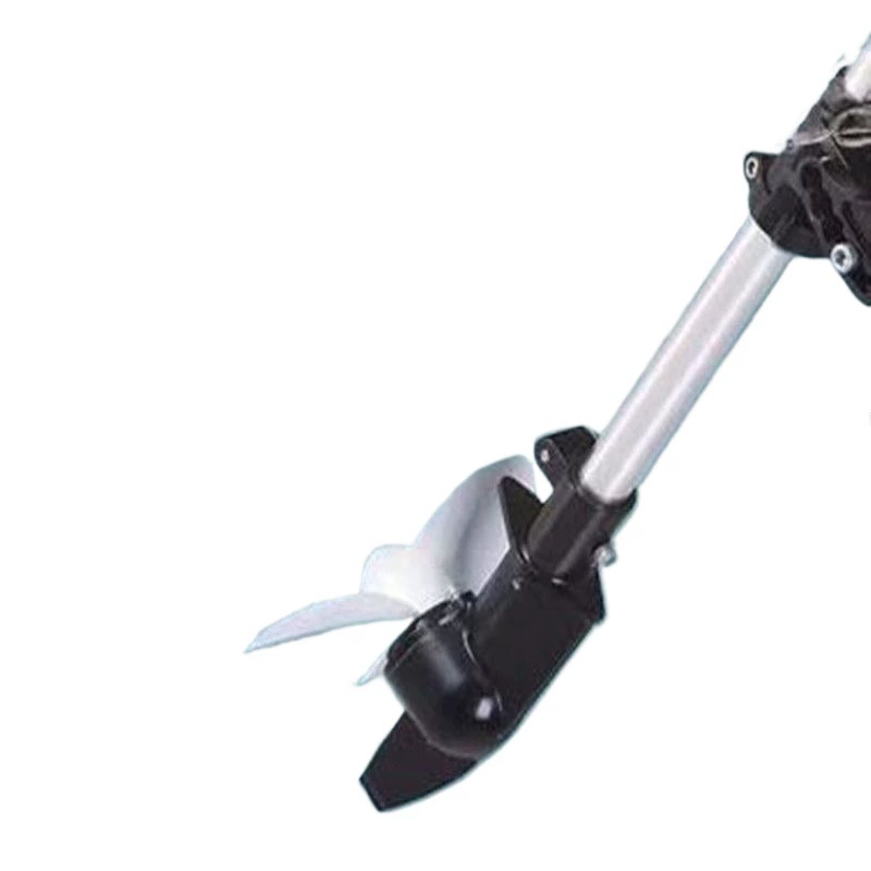 Gasoline pusher four -stroke boat hanging on small propeller propelled propeller pusher vessel ship outside the pulp machine motor ship