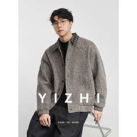 亦止『暖绒』假两件格子开衫加绒夹克秋冬翻领混纺呢料大衣外套潮