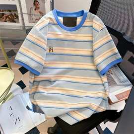 现货 原版面料210克 刺绣罗纹领#条纹短袖t恤男女夏季小狗上衣