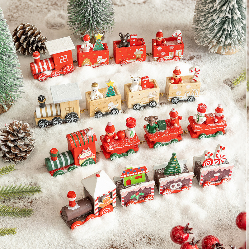 Hot Selling Christmas Decorations Wooden Four-Section Train DIY Landscaping Desktop Window Ornaments Children's Day Gifts