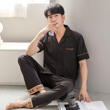 男士睡衣纯棉拉架春夏季薄款短袖长裤新款韩版简约开衫家居服套装