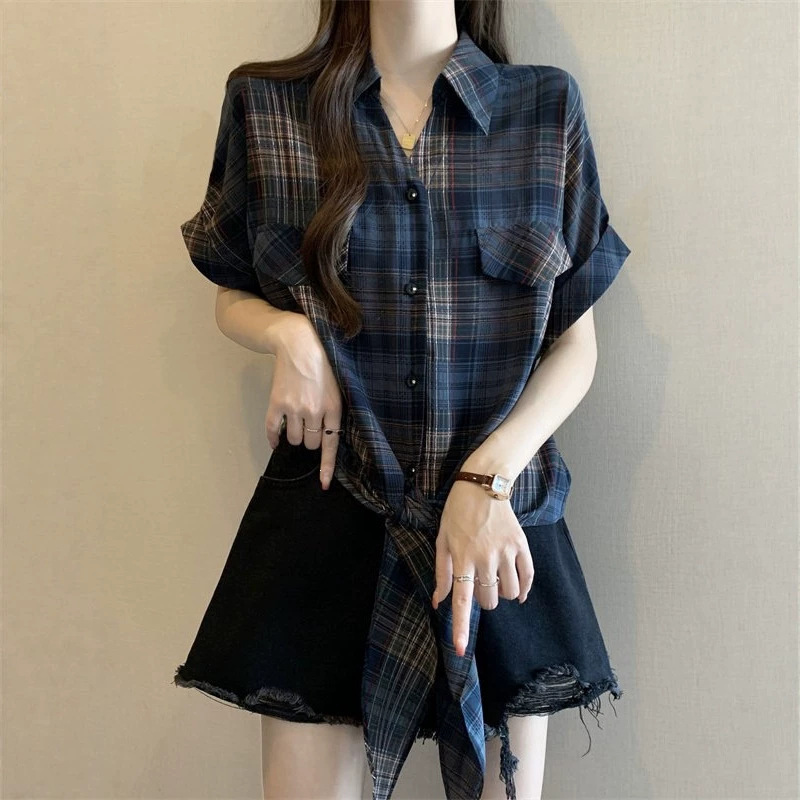 Navy Blue Plaid Short-Sleeve Shirt for Women, 2026 Spring/Summer New Style, Plus-Size, Tie-Waist Chiffon Top Navy Blue Plaid Short-Sleeve Shirt for Women, 2026 Spring/Summer New Style, Plus-Size, Tie-Waist Chiffon Top