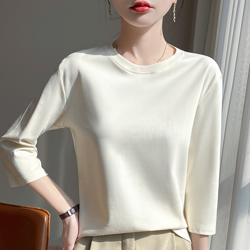 Round Neck Mercerized Cotton Three-Quarter Sleeve T-Shirt for Women 2025 Spring and Summer New Style Elegant Versatile Cotton Bottoming Shirt Half-Sleeved Women