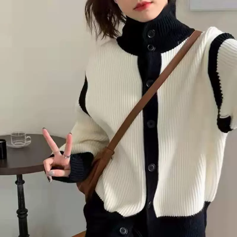 宏泰慵懒 毛衣高领设计感温柔撞色韩版 宽松软糯外套女装针织开衫