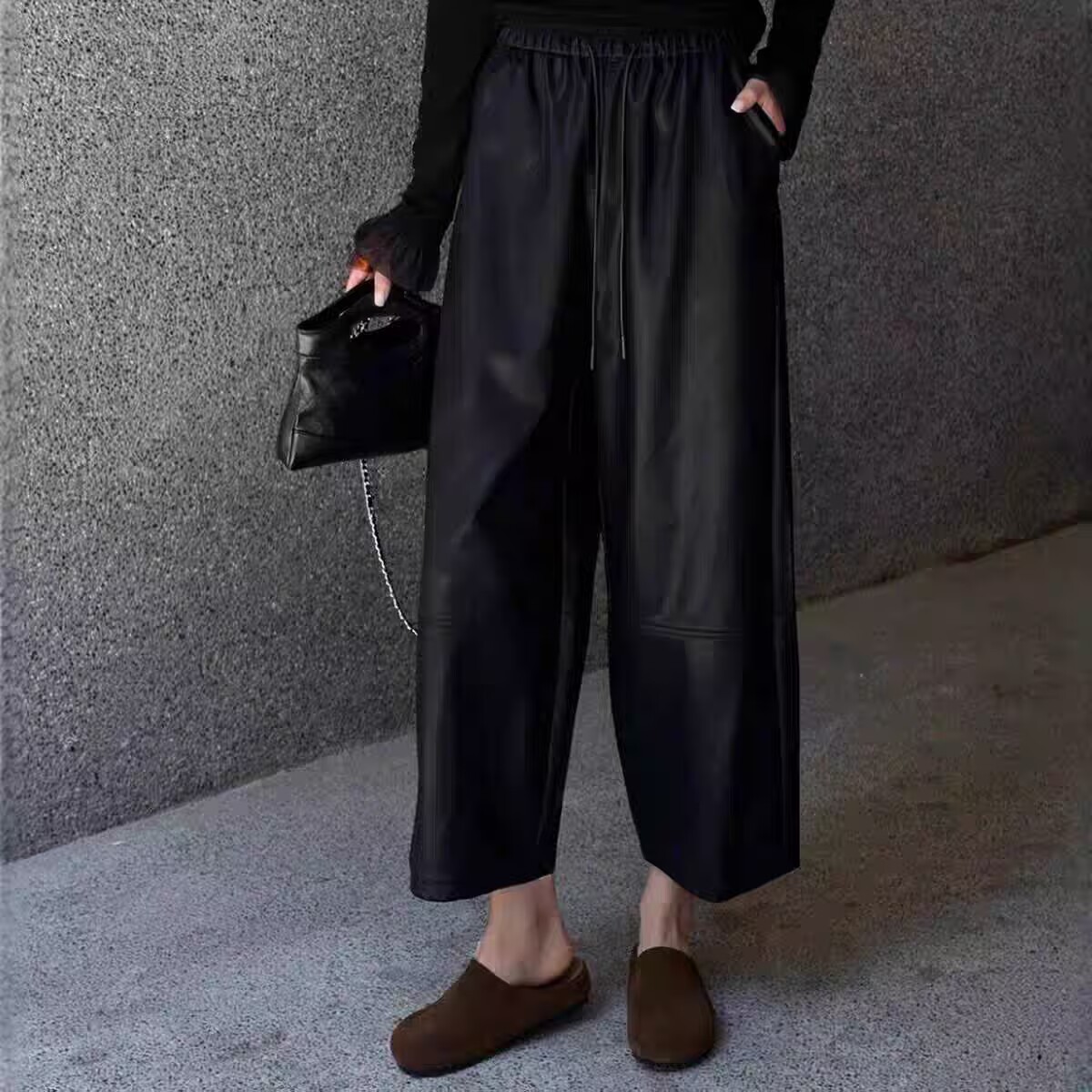 高端25秋冬新高腰简约松紧腰蛋白皮宽松百搭休闲直筒女士九分皮裤