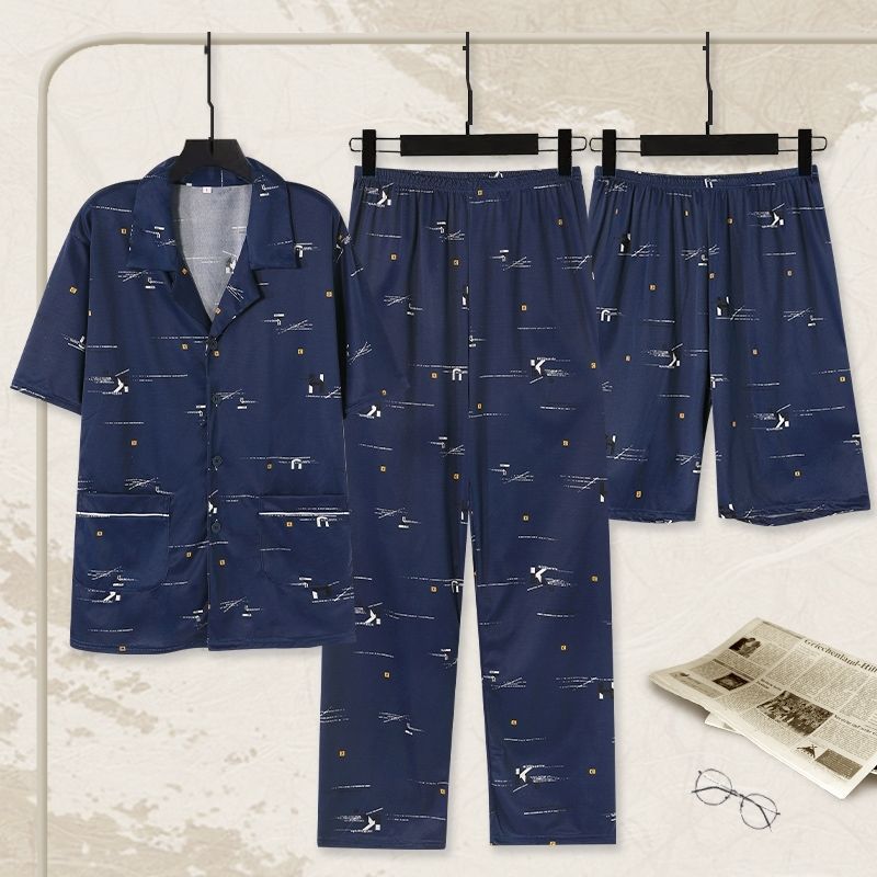 Primavera y otoño de grasa 100% algodón pijamas de los hombres de manga corta pantalones cortos cardigan ropa de abrigo ropa de hogar traje de tres piezas