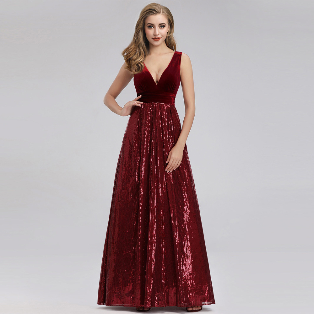 ​​Elegant V-Neck Sleeveless Floor-Length Sequin Velvet Evening Gown – Stunning Velvet Performance Dress With Flared Hem For Galas Special Occasions​​_voghion.com