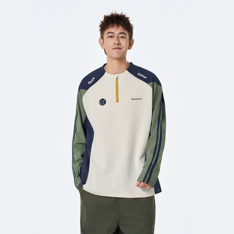 American Retro Half-Zip Long-Sleeved T-Shirt for Men, Spring Trendy Brand Quick-Drying Sun Protection Cycling Clothing, High Street Sports Top American Retro Half-Zip Long-Sleeved T-Shirt for Men, Spring Trendy Brand Quick-Drying Sun Protection Cycling Clothing, High Street Sports Top