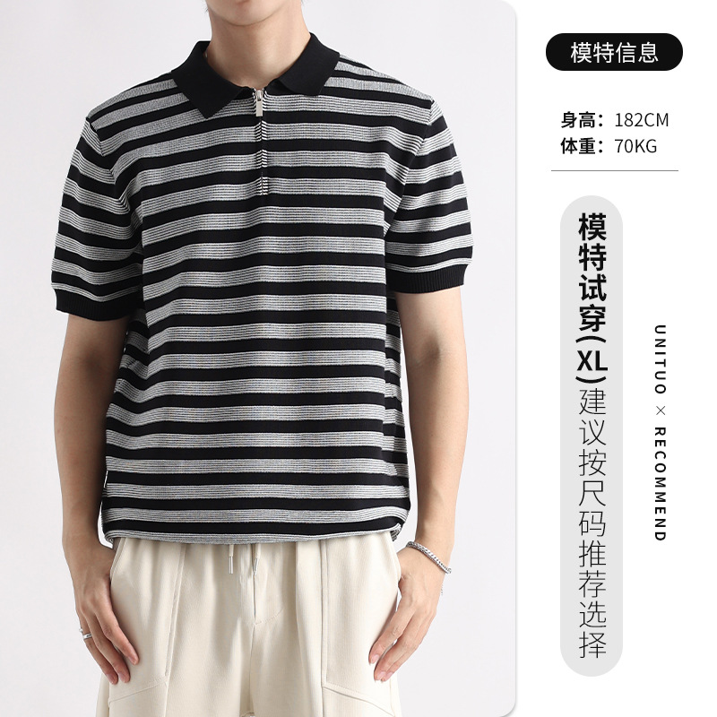 Hombres viejos tiendas de hielo polo camiseta de manga corta hombre verano alto sentido de negocios camiseta a rayas con collar para hombre