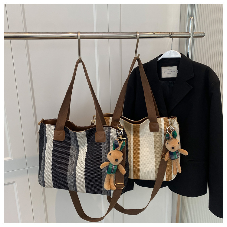 Women's Large Canvas Stripe Vintage Style Square Zipper Shoulder bag logo Tote bag logo Crossbody bag logo display picture 1