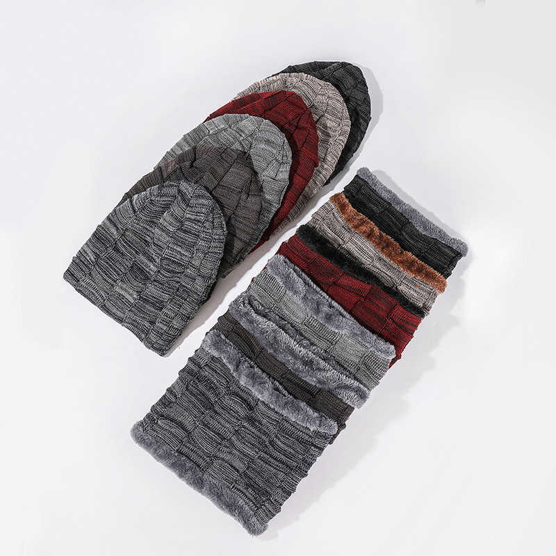 New Winter Plush Thick Knitted Hat And Neck Set Two Piece Checkered Fashion Outdoor Men's Knitted Hat Set Head_voghion.com