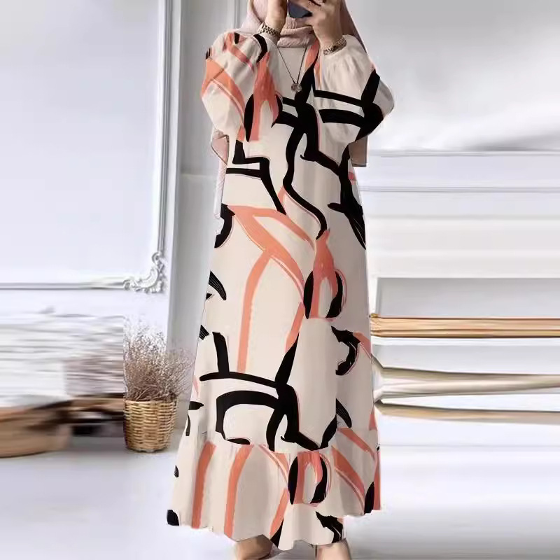 Cross-Border Muslim Women's Clothing Retro Puff Sleeve Printed Ruffle Pocket Dress Middle East Dubai Spring Autumn Abaya_ecoleips.com
