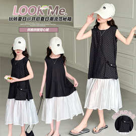 女童圆点连衣裙夏季薄款2025新款儿童洋气公主裙大童拼接无袖裙子