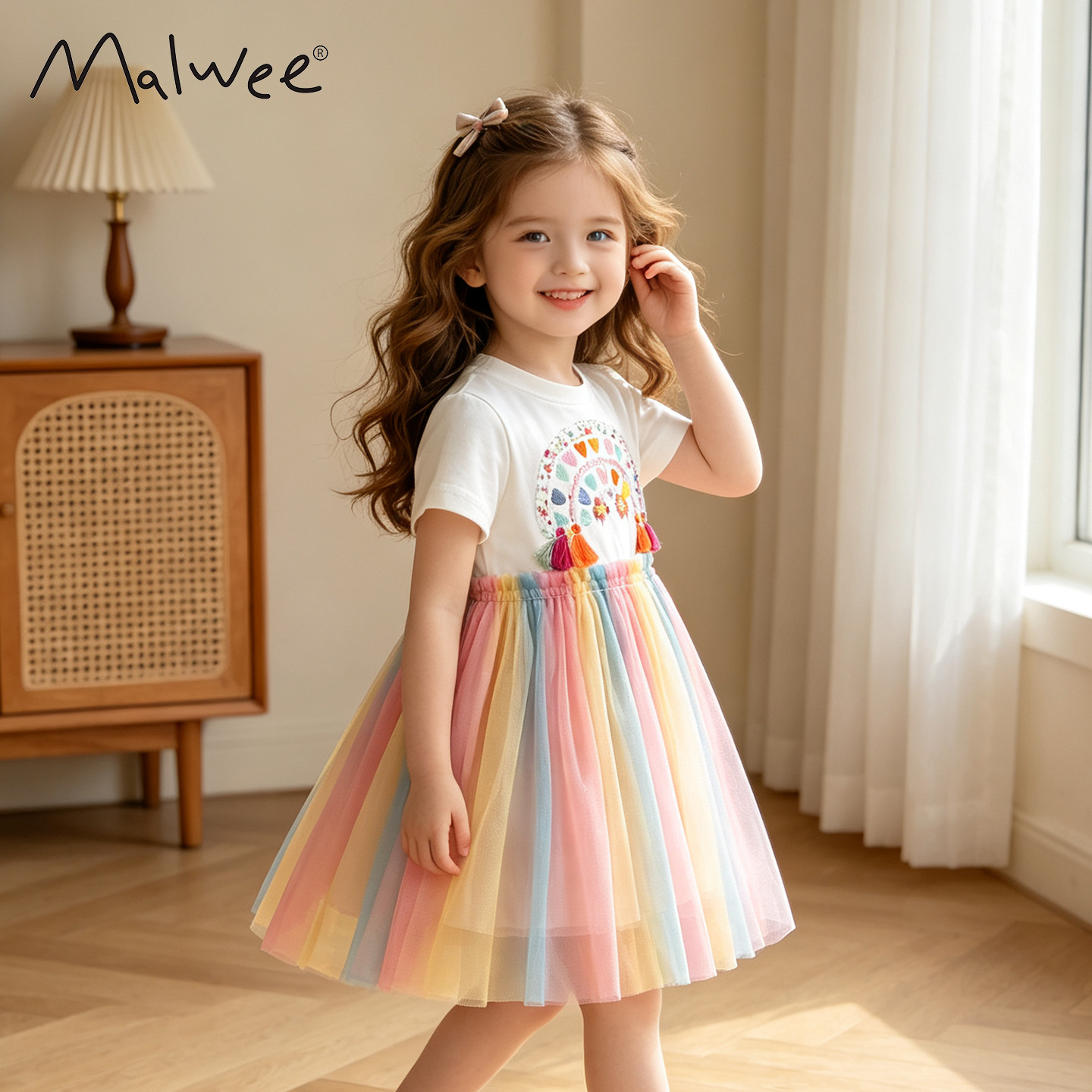Malwee children's princess dress, new summer style, European and American style, fashionable little girl round neck short-sleeved dress for toddlers.