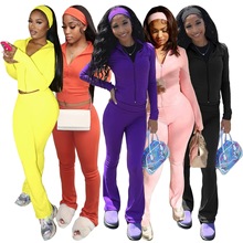 HR25053 欧美时尚女装拉链开衫翻折腰微喇叭加绒两件套装（含头巾