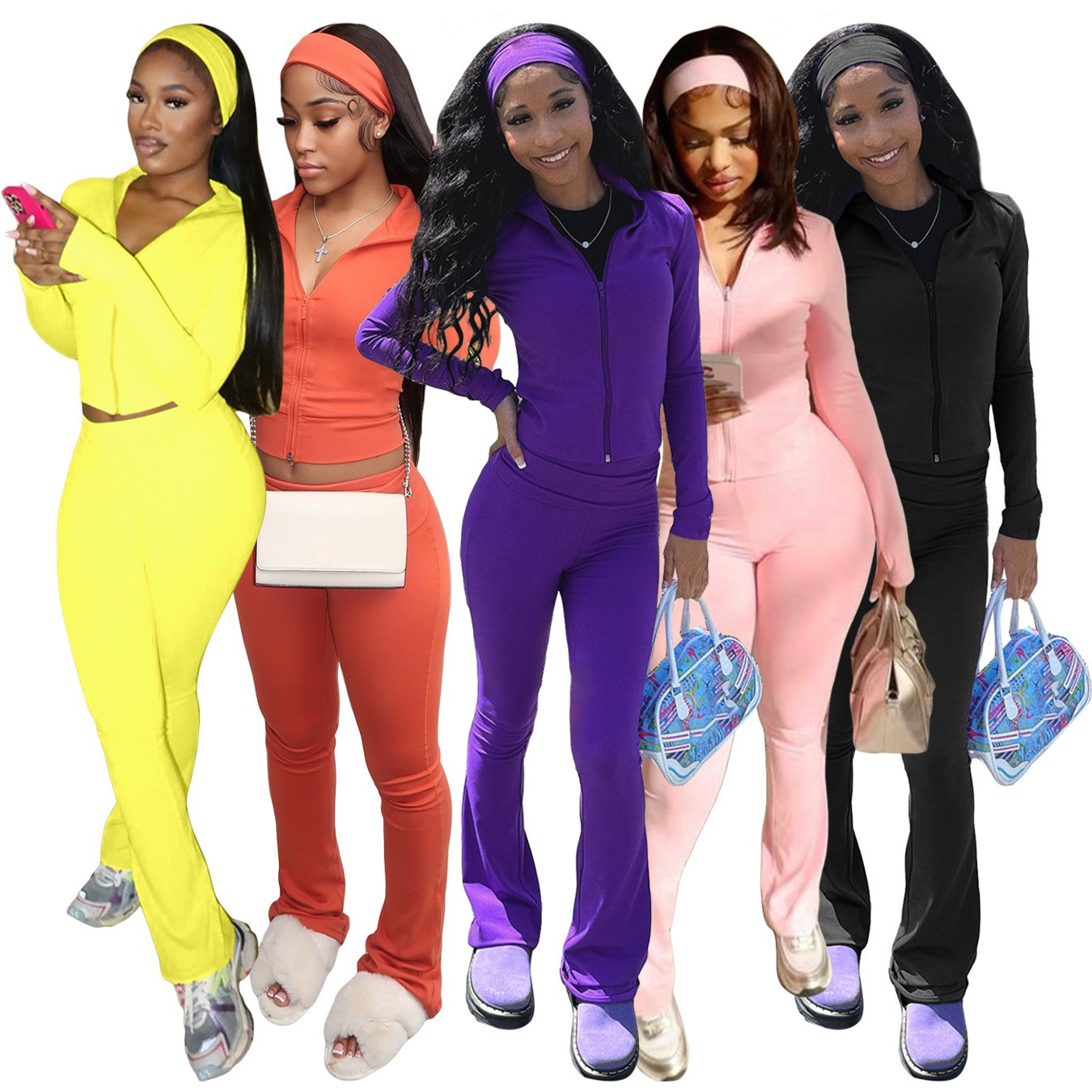 Hr25053 European and American Fashion Women's Zipper Cardigan, Folded Waist, Micro-Flared Fleece-Lined Two-Piece Suit (Including Headscarf)