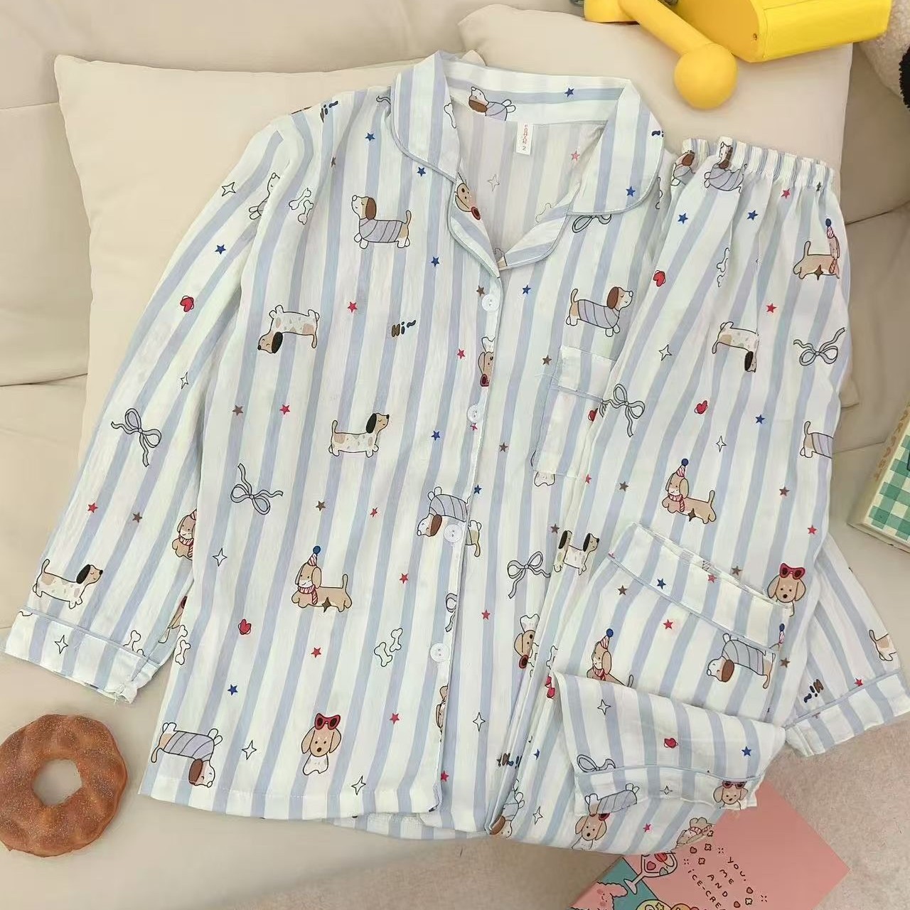 Vietnam transfronterizo al por mayor nube pijamas de algodón pantalones de manga larga para mujer primavera y otoño linda rebeca solapa dulce servicio a domicilio