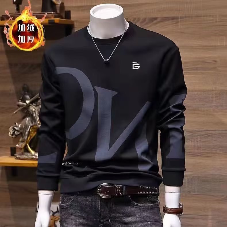 유럽 역 2023 새로운 남성 땀 가을과 겨울 패션 브랜드 슬림 핏 청소년 성격 인쇄 기모 두껍게