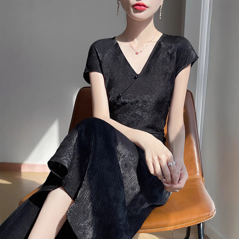 New Chinese-style Women's Clothing, National-style Satin Cheongsam V-neck Dress, Summer 2025 New Model, Slimming And_ecoleips.com