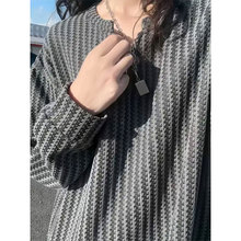 小香风千鸟格v领长袖t恤男秋季cleanfit内搭打底衫宽松情侣卫衣