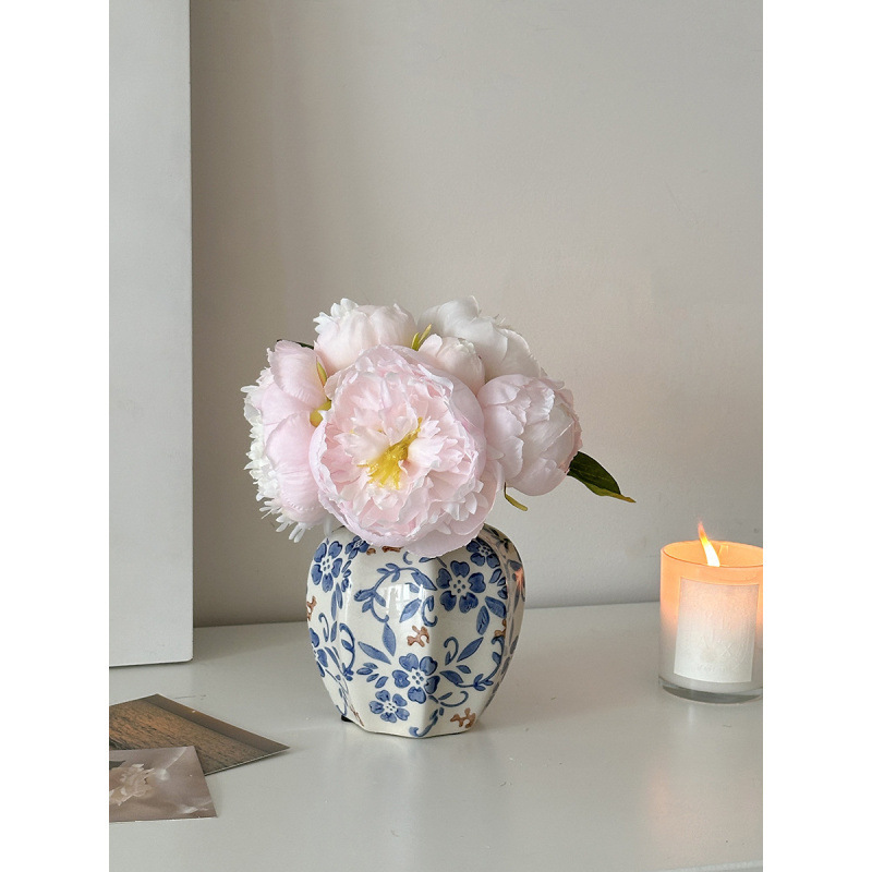 Nuevo jarrón de cerámica azul china nueva decoración de estilo chino sala de estar floral decoración de vestíbulo de estilo antiguo peonía floral