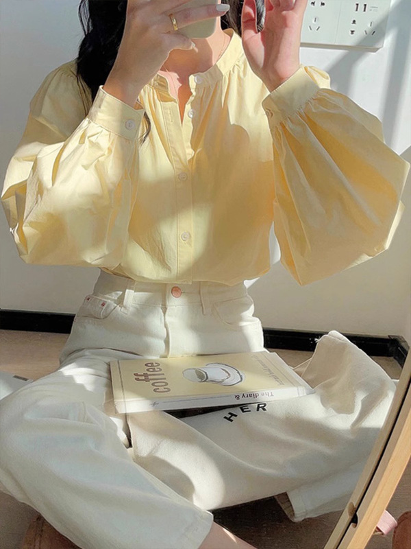 French Cream Yellow Long-sleeved Shirt Women's Spring and Autumn Round Neck Shirt Loose Chic Top Design Sense Niche
