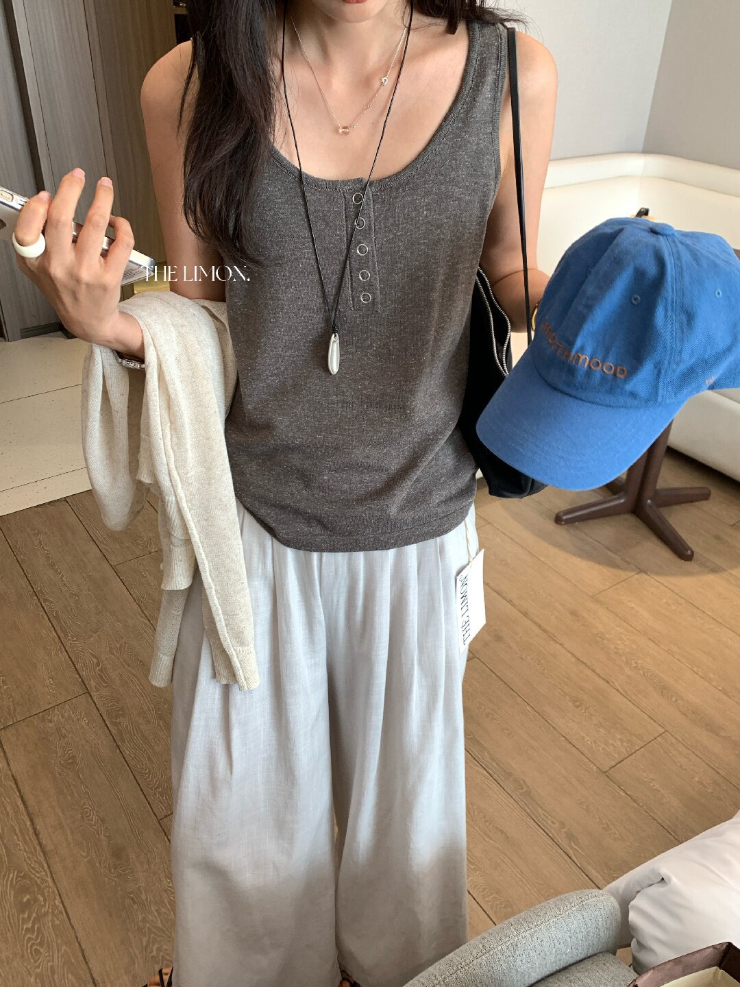 Quần ống rộng nữ vải linen phối cotton dáng suông mùa hè — Xám gạo, Xanh xám nhạt, Xanh đen, Cam bí ngô chi tiết 40