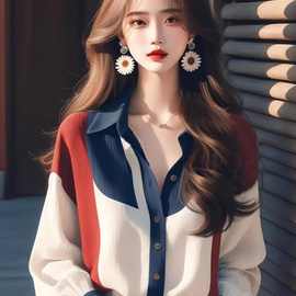 2025早秋新款女装冷淡系感超好看宽松上衣撞色灯笼袖衬衫