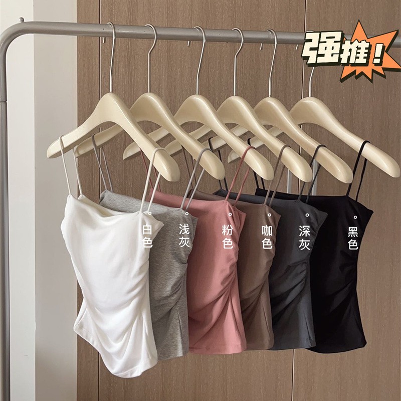 甜辣妹细肩小吊带美背裹胸带胸垫一体抹胸褶皱打底背心女外穿上衣