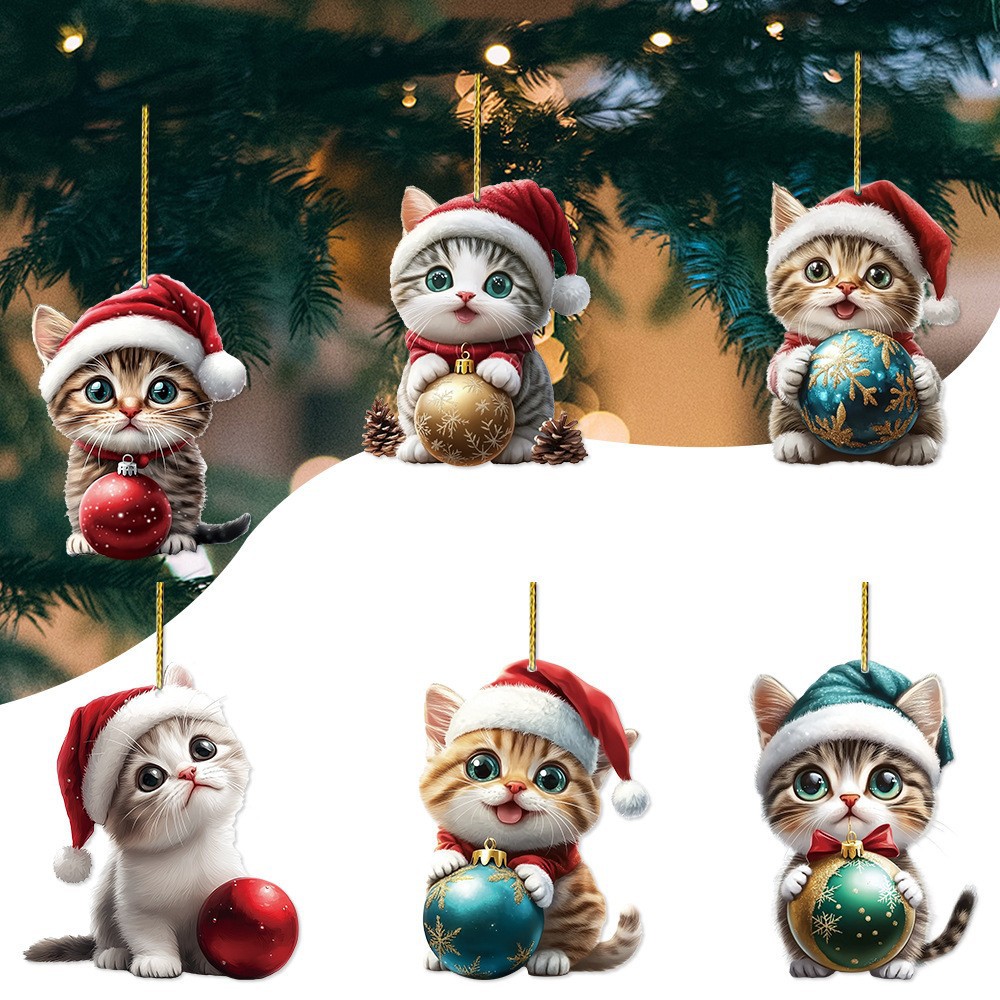 Nuevos productos transfronterizos creativos adorables gatos automóviles colgantes acrílicos sombreros planos de Navidad gatos decoraciones de árbol de Navidad