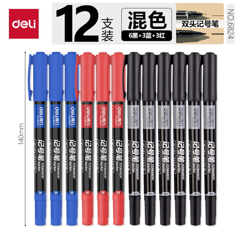 DeLi6824 pequeño marcador de dos cabezas rojo, azul y negro, pluma de pintura, pluma de gancho de línea, pluma de marca de logística expreso, 12 plumas