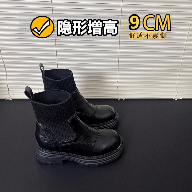复古圆头内增高瘦瘦女靴秋冬新款小个子真皮厚底短靴小码弹力袜靴|undefined