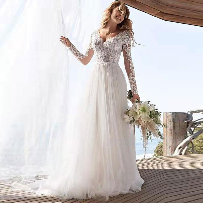Comercio exterior europeo y americano Amazon AliExpress deseo elegante vestido de novia con cuello en V vestido de novia de manga larga de encaje largo