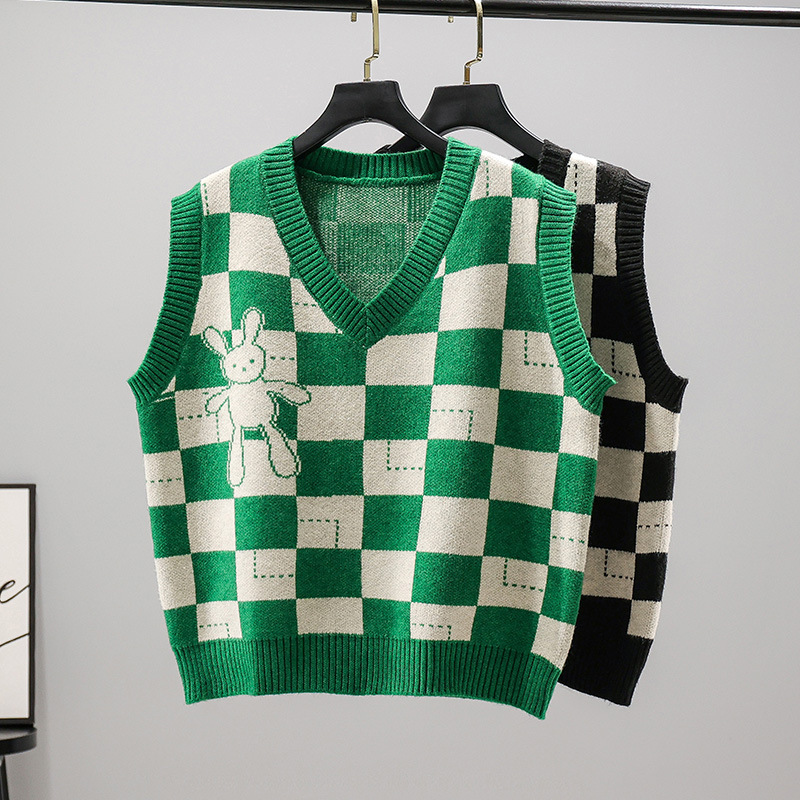 Otoño e invierno Chaleco de punto a cuadros para mujeres 2023 estilo coreano nuevo chaleco con cuello en V image 5