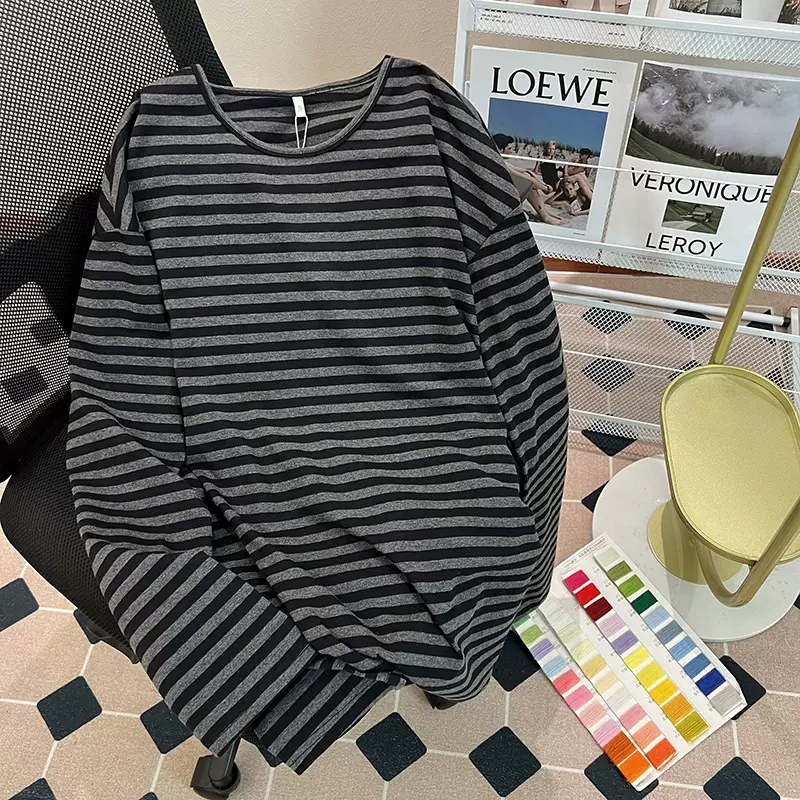 高品质纯棉打底衫条纹春秋薄款长袖T恤女中长款圆领宽松大码女装