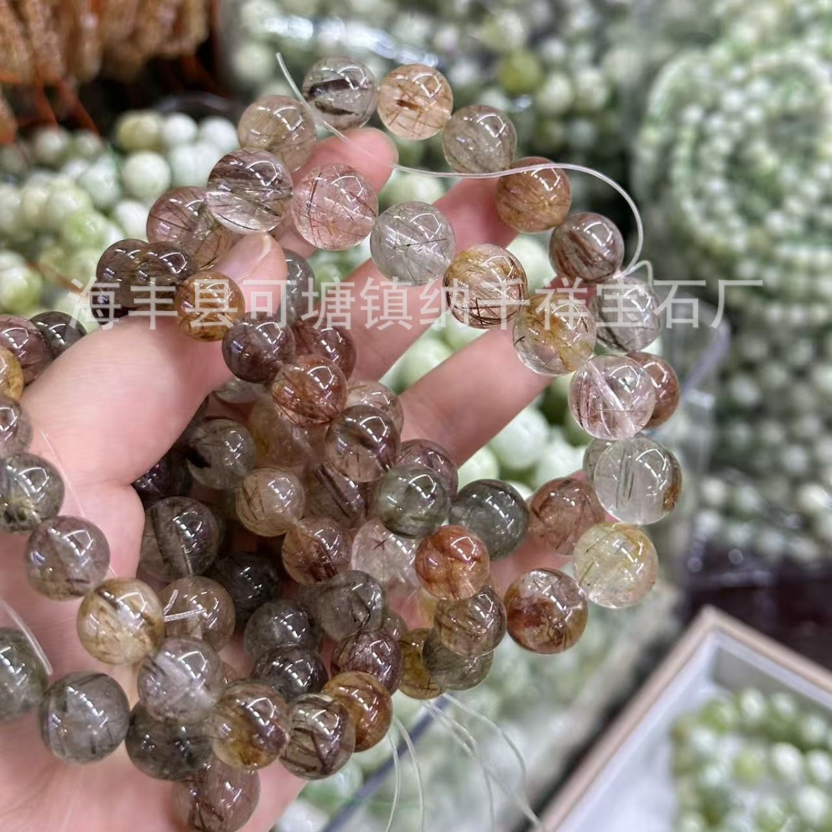 厂家直销天然彩兔毛发晶圆珠单圈手串 彩色发晶手链百搭DIY蕾丝发
