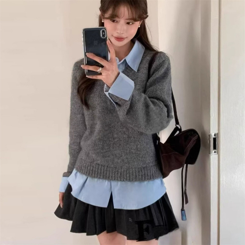 2026 Korean-Style Collared Shirt and Two-Piece Sweater Autumn New Knitwear Top Popular Autumn and Winter Design Casual Style 2026 Korean-Style Collared Shirt and Two-Piece Sweater Autumn New Knitwear Top Popular Autumn and Winter Design Casual Style