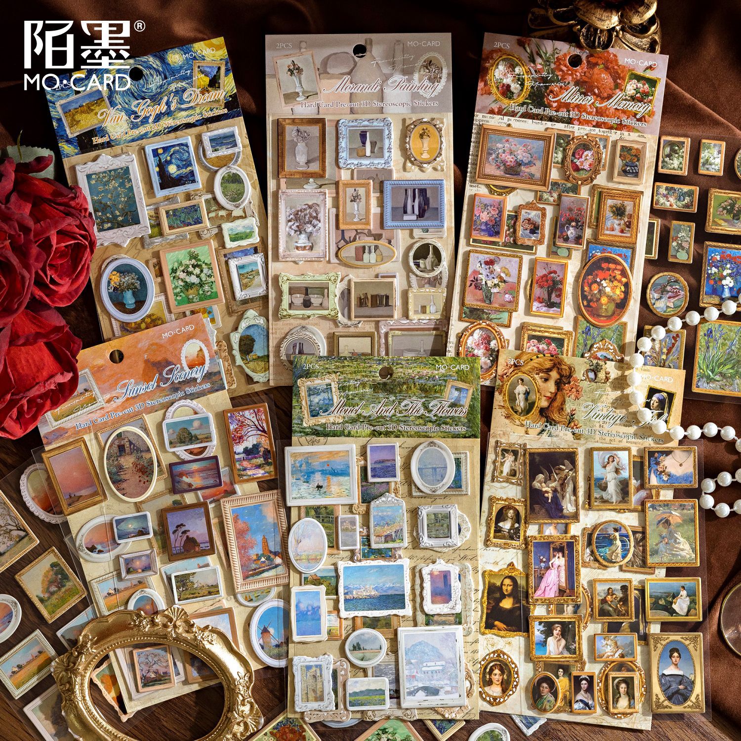 陌墨硬卡模切排废3D立体贴纸 名画博物馆系列 2张入复古装饰打底