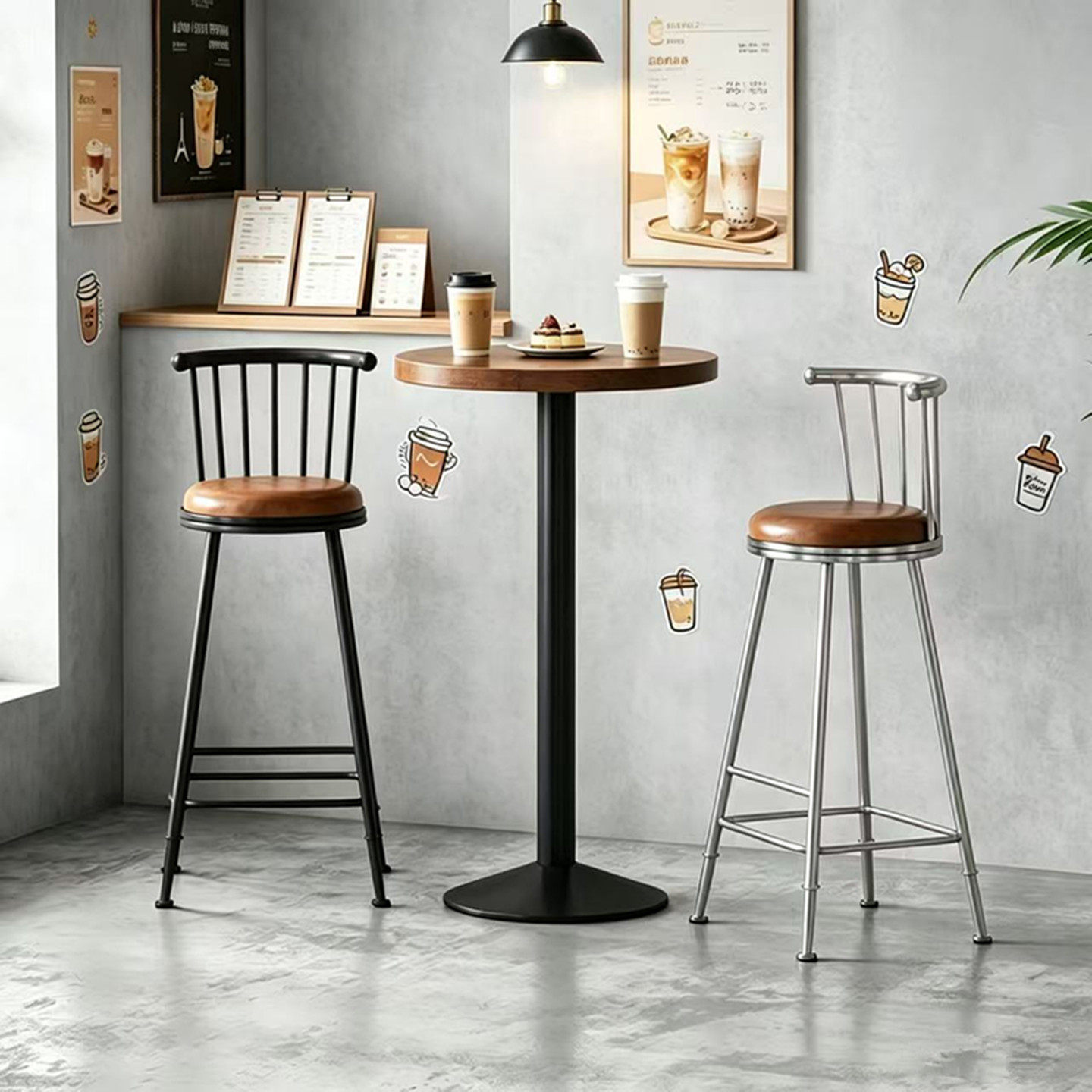 American-style wrought iron bar tables and chairs, modern minimalist bar stools with backrests, bar chairs, high-topped tables and chairs for milk tea and coffee shops