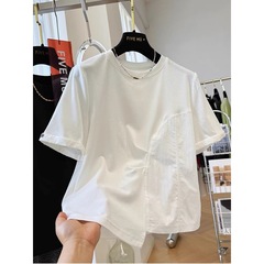 夏季新款独特别致漂亮短袖t恤女超好看不规则宽松大码褶皱上衣服