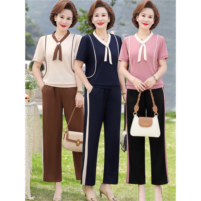 Middle-Aged Mother's Summer Style Suit Casual Sportswear 2025 New Middle-Aged and Elderly Women's Short-Sleeved T-Shirt Two-Piece Set