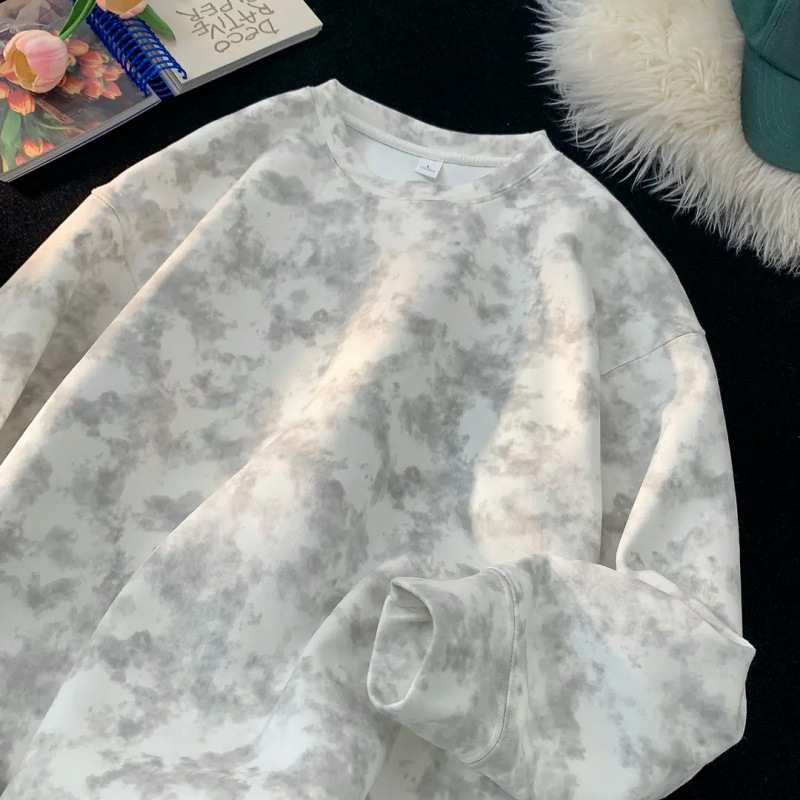American Autum New Tie-Dye Suede Long-Sleeved Sweatshirt for Boys Retro Handsome Youth Round Neck T-Shirt Top